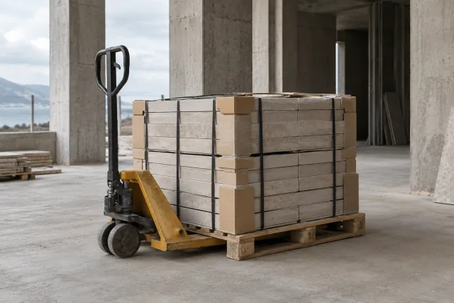 Pallet de revestimientos protegido y listo para su entrega en obra.