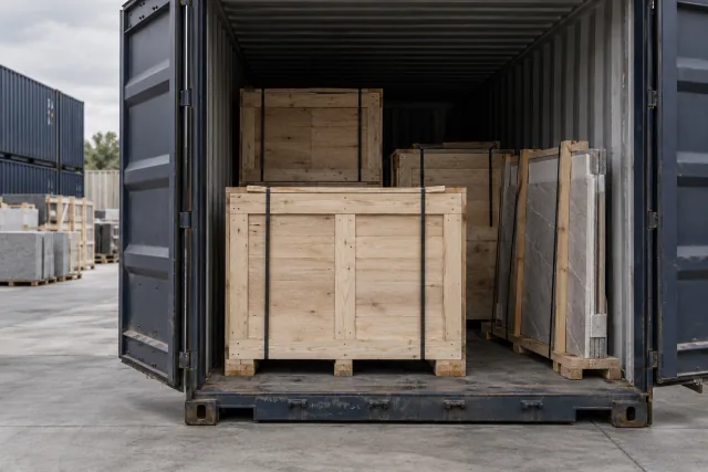 Materiales protegidos en embalajes de madera dentro de un contenedor.