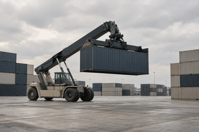 Manipulación de un contenedor en una terminal de cargas.