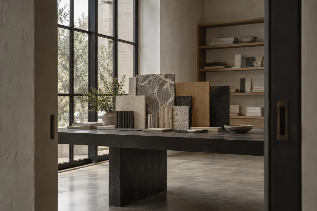 Imagen de referencia: selección de muestras de piedra, porcelanato y madera en un estudio de materiales.