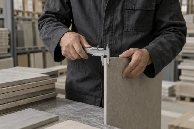 Inspección del espesor de una placa porcelánica con un calibre.