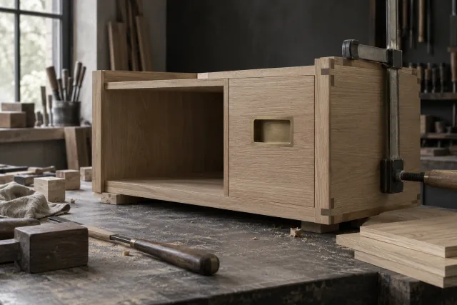 Mueble de roble con herraje de latón durante su fabricación a medida.