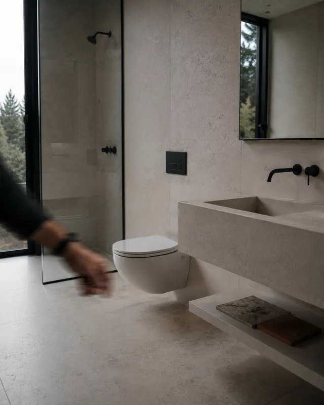 Baño revestido en piedra con grifería negra y muestras de material.
