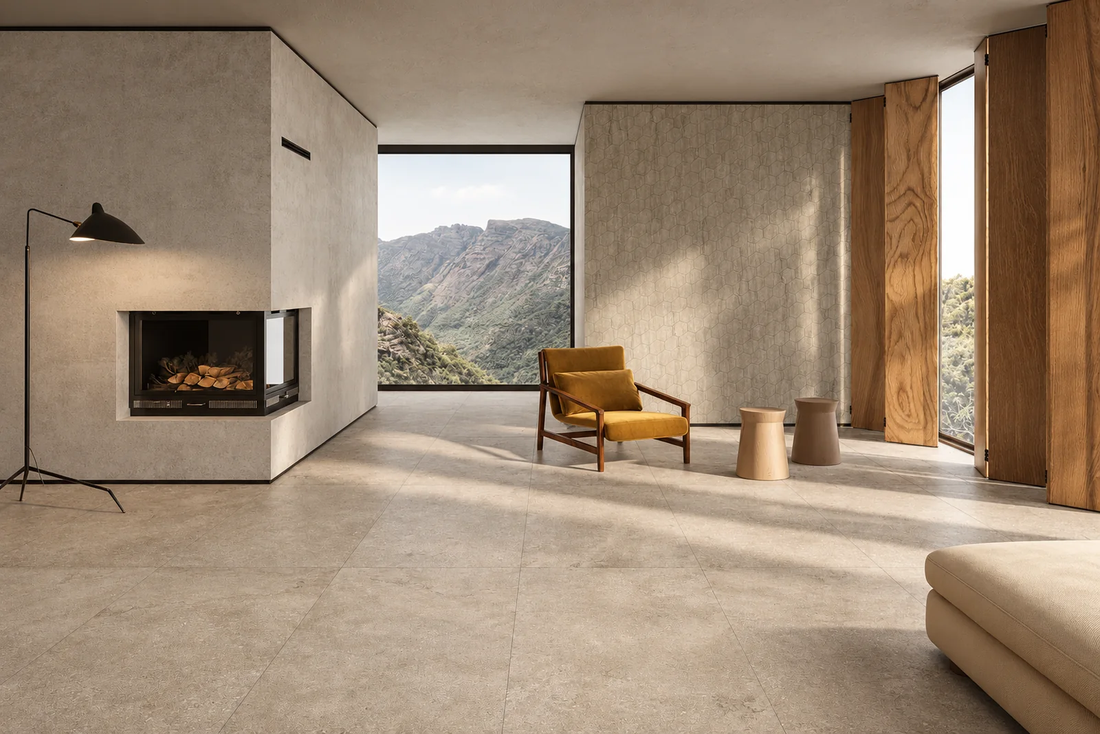 Ambiente con piso porcelánico de gran formato y juntas visibles.