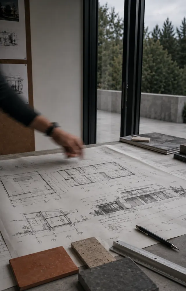Planos de arquitectura con muestras de material sobre una mesa.